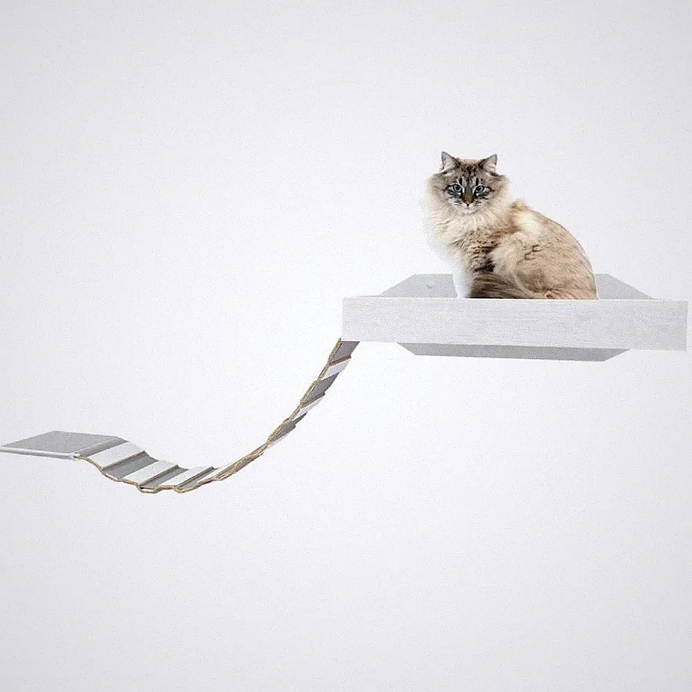 QLS Katzen Hängebrücke mit Bett und Liege Set XXL Rutschfest Holz Wandmontage