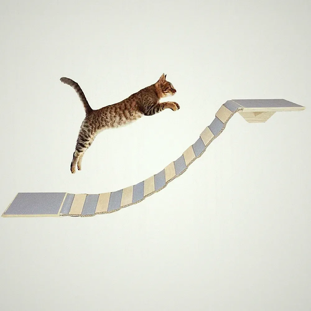QLS Katzenbrücke mit 2 Katzenliegen Set 130 cm Wandbefestigung Naturholz Grau