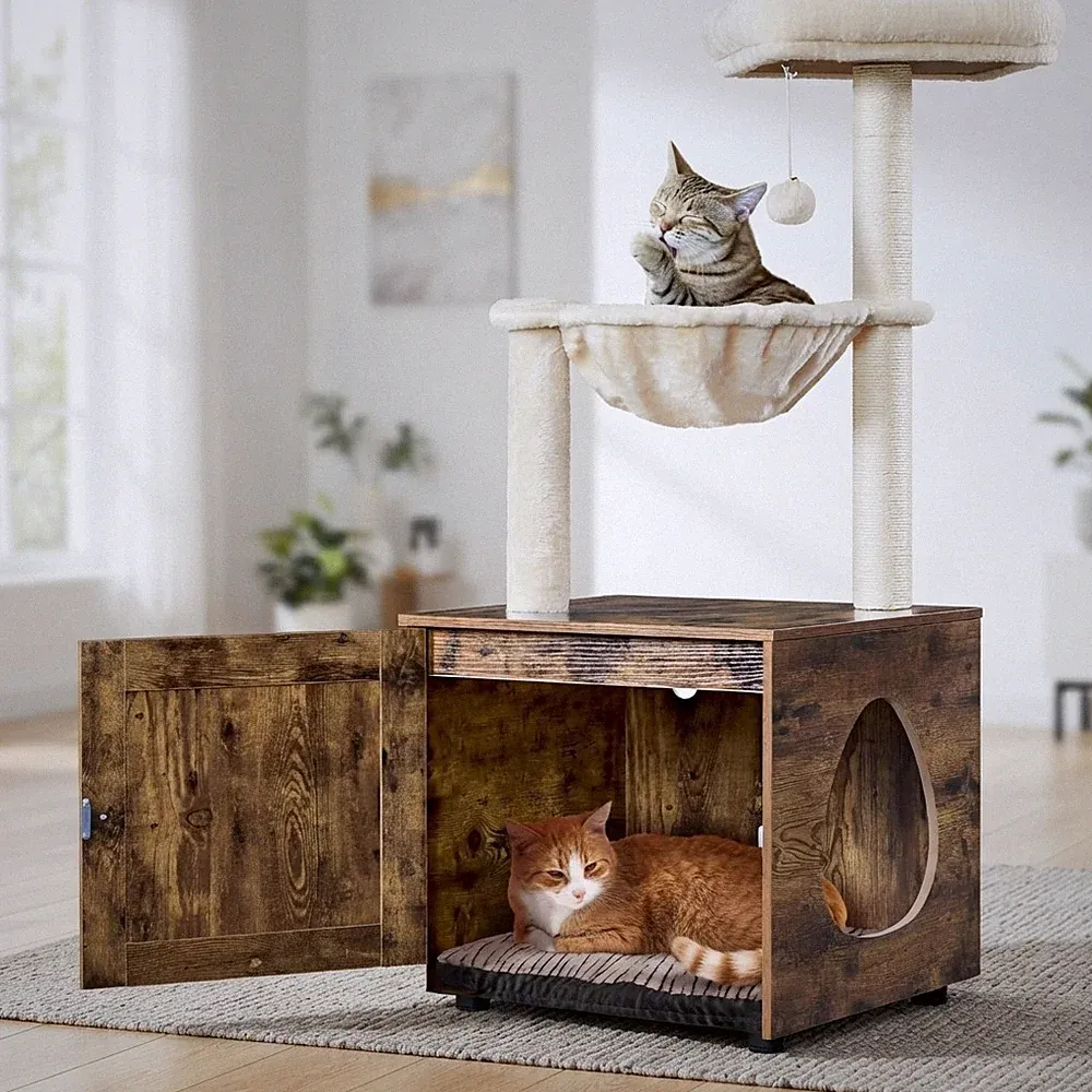 Robuste rustikale Katzenbaum & Katzentoilette Kombination mit gemütlichen Sitzstangen & Kratzbäumen