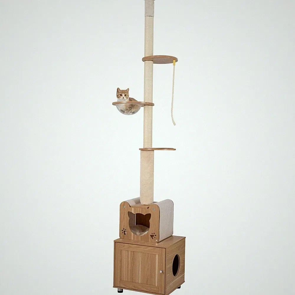 Robuster Katzenkratzbaum mit Sisalsäule und Diskreter Katzentoilette, 256-275 cm