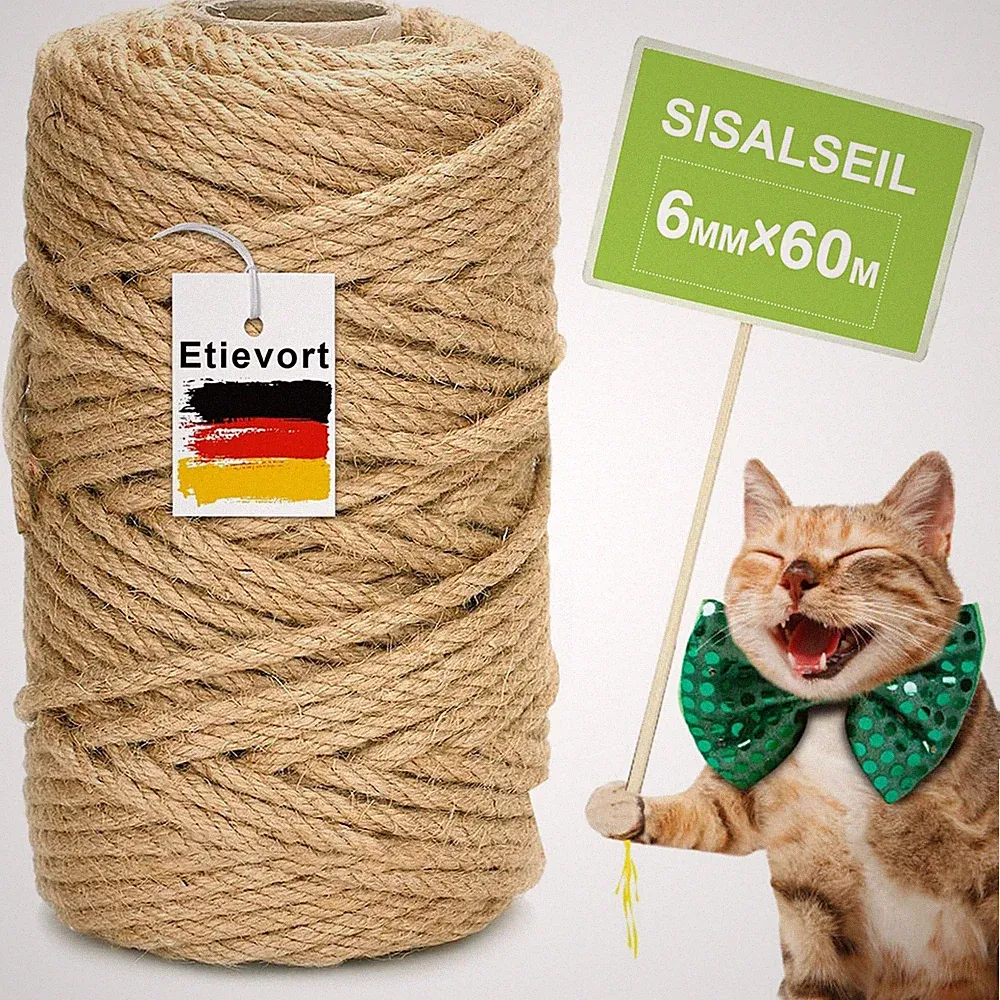Sisalseil für Kratzbaum, 6MM X 60M Sisalseil, Sisal Kratzbaum Schnur für Katz...