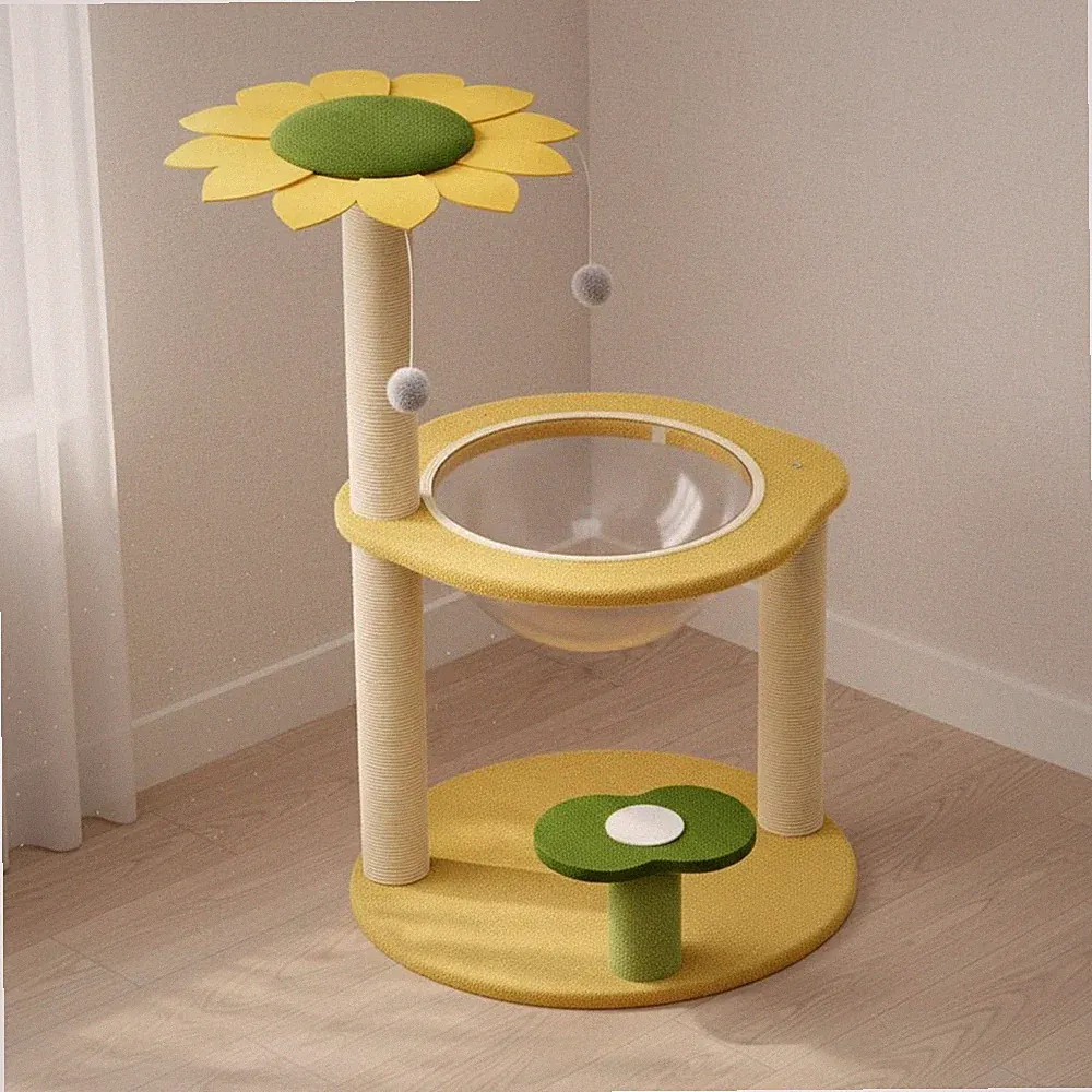 Sonnenblumen Kratzbaum platzsparend Katzenkletterturm mit Spielball weich