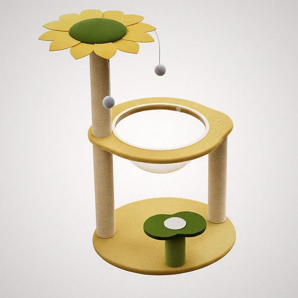 Sonnenblumen Kratzbaum platzsparend Katzenkletterturm mit Spielball weich Plüsch