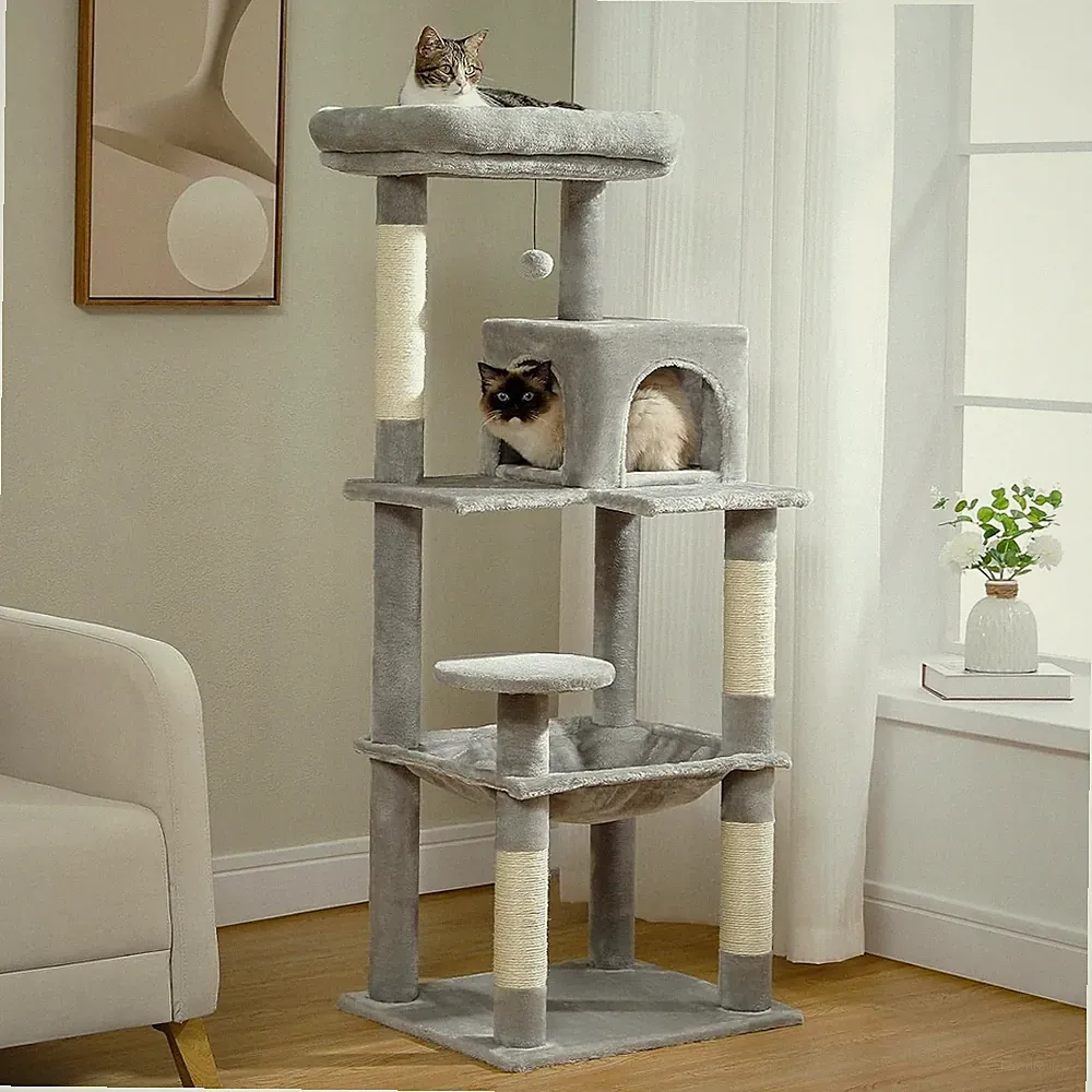 Stabiler Kratzbaum für große Katzen, 143 cm, Grau, 6 Ebenen, Sisal-Kratzpfosten