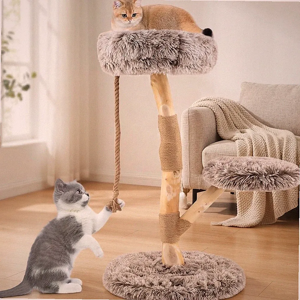Stilvoller mehrstöckiger Katzenturm mit weichem Plüsch & Jute Kratzbäumen 50x50x90cm