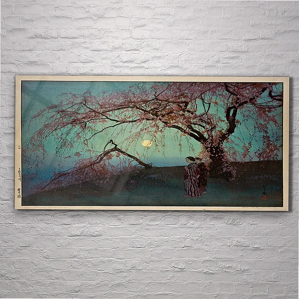 Wandbilder Glasbild Druck auf Glas 120x60 Blumen Japanische Baum Mond Nacht Frau
