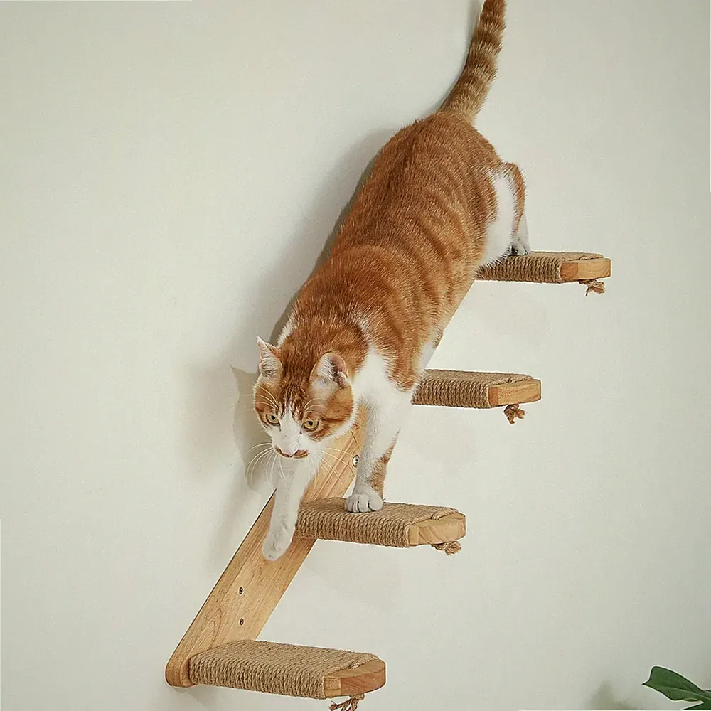 Wandkatzenleiter aus Massivholz, 4-stufig, Juteschnur, Kratzregal, 66cm