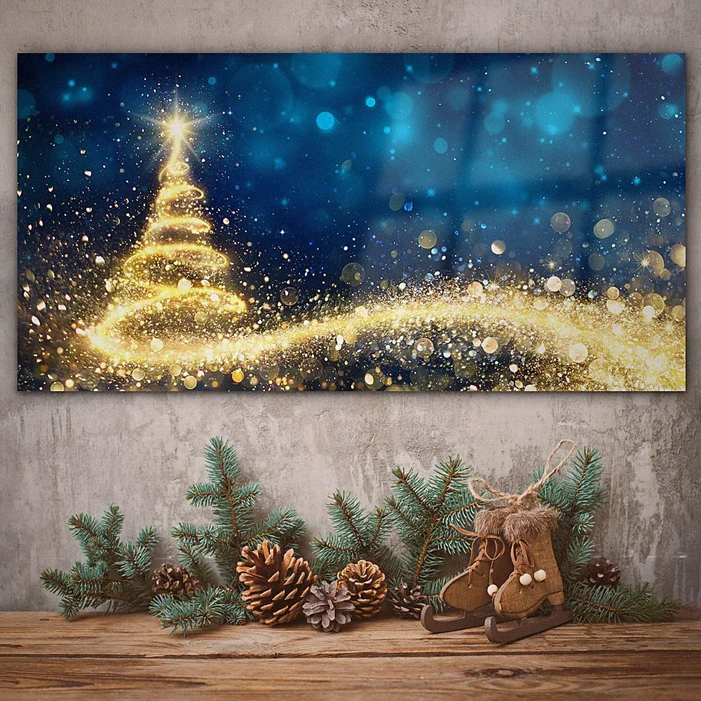 Weihnachten goldener Baum Winter 140x70 Druck auf Glas Wandbild Glasbilder