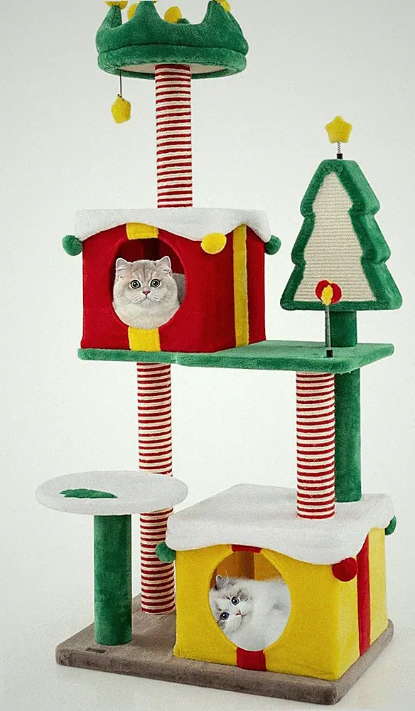 Weihnachtsbaum Katzenturm mit Kratzbäumen, Eigentumswohnungen & Spielzeug - 155 cm