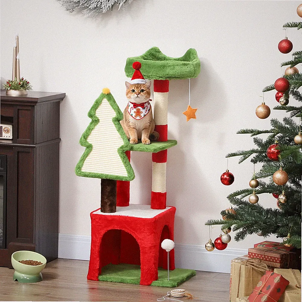 Weihnachtsbaum Weihnachten, 120 cm Katzenturm mit Kratzbaum & Brett, Plattform