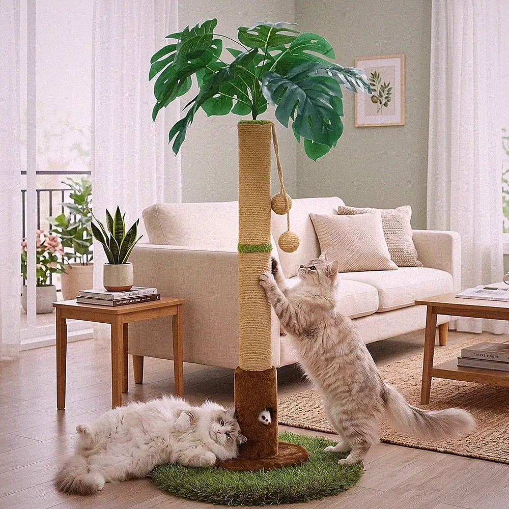 WOOCHPET Kratzbaum Katze 90 cm mit Sisalseil und 3D-Monstera-Blatt, Palme