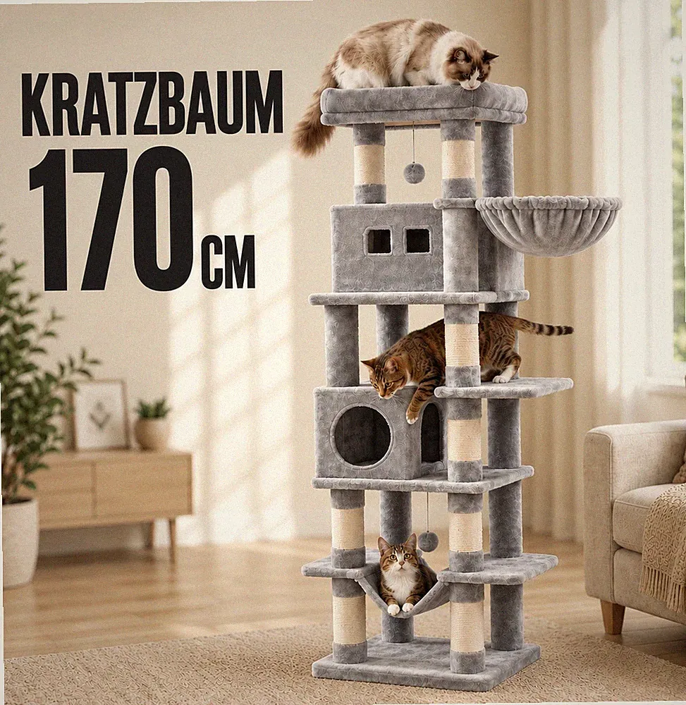 🐈‍⬛ XL Kratzbaum 170cm Katzenbaum für große Katzen mit 2 Höhlen Hellgrau