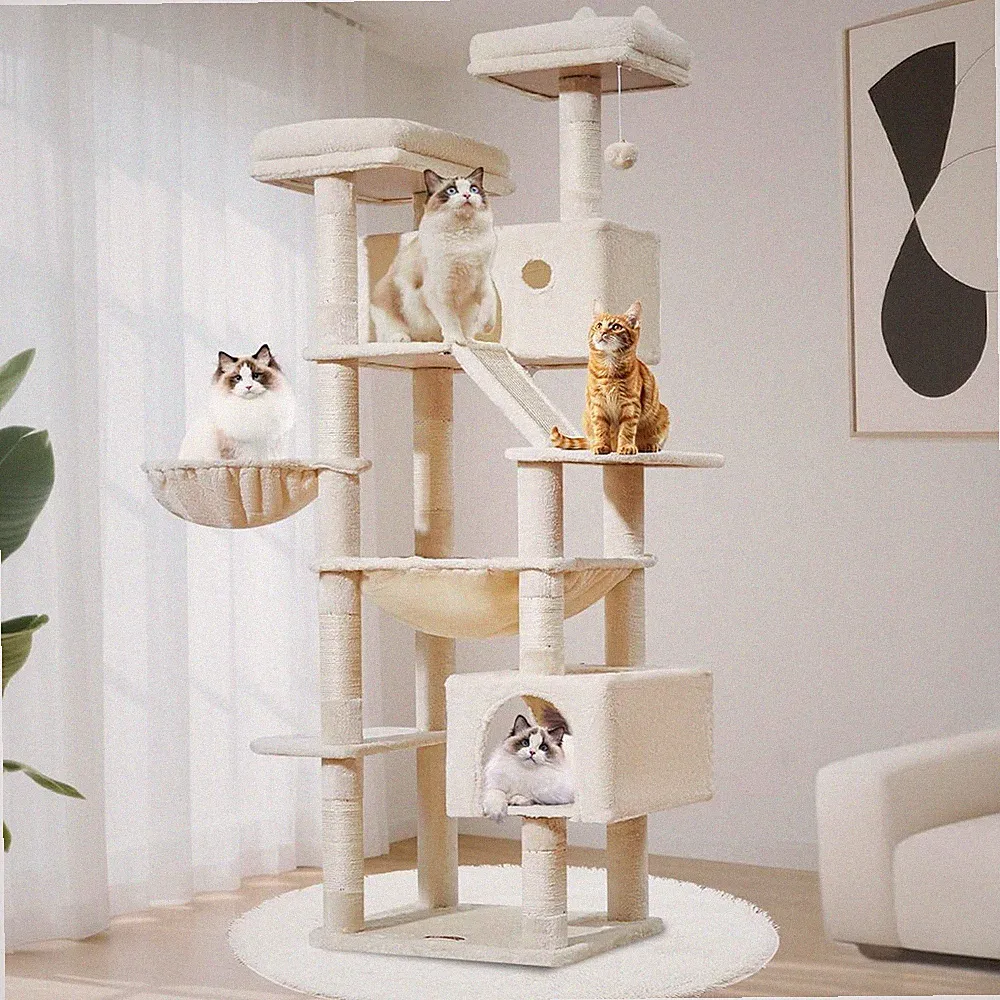 XXL Katzenkratzbaum 180 cm mit Hängematte, Nest, Körbchen, Anti-Tilt, Sisal