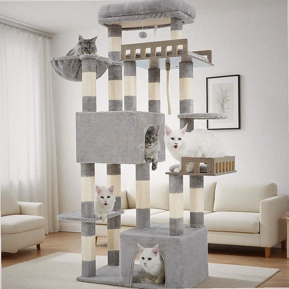 XXL Kratzbaum 174cm Katzenkratzbaum Große Katzen Hängematte Höhlen Sisal Grau