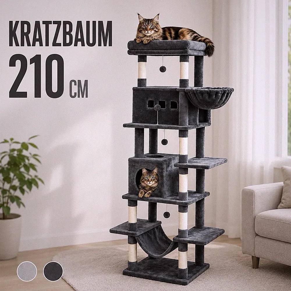 🐈‍⬛ XXL Kratzbaum 210cm Katzenbaum für große Katzen mit 2 Höhlen Grau