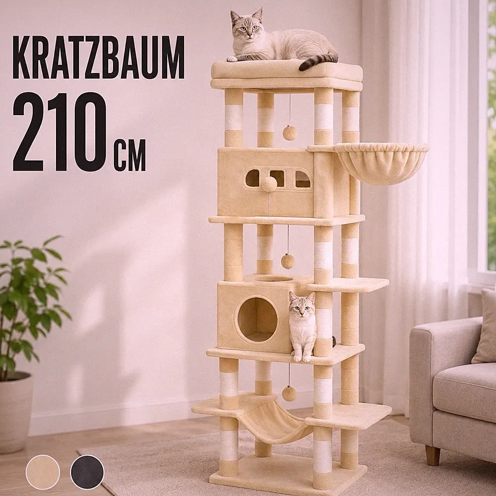 🐈‍⬛ XXL Kratzbaum 210cm Katzenbaum für große Katzen mit 2 Höhlen Hellcamel