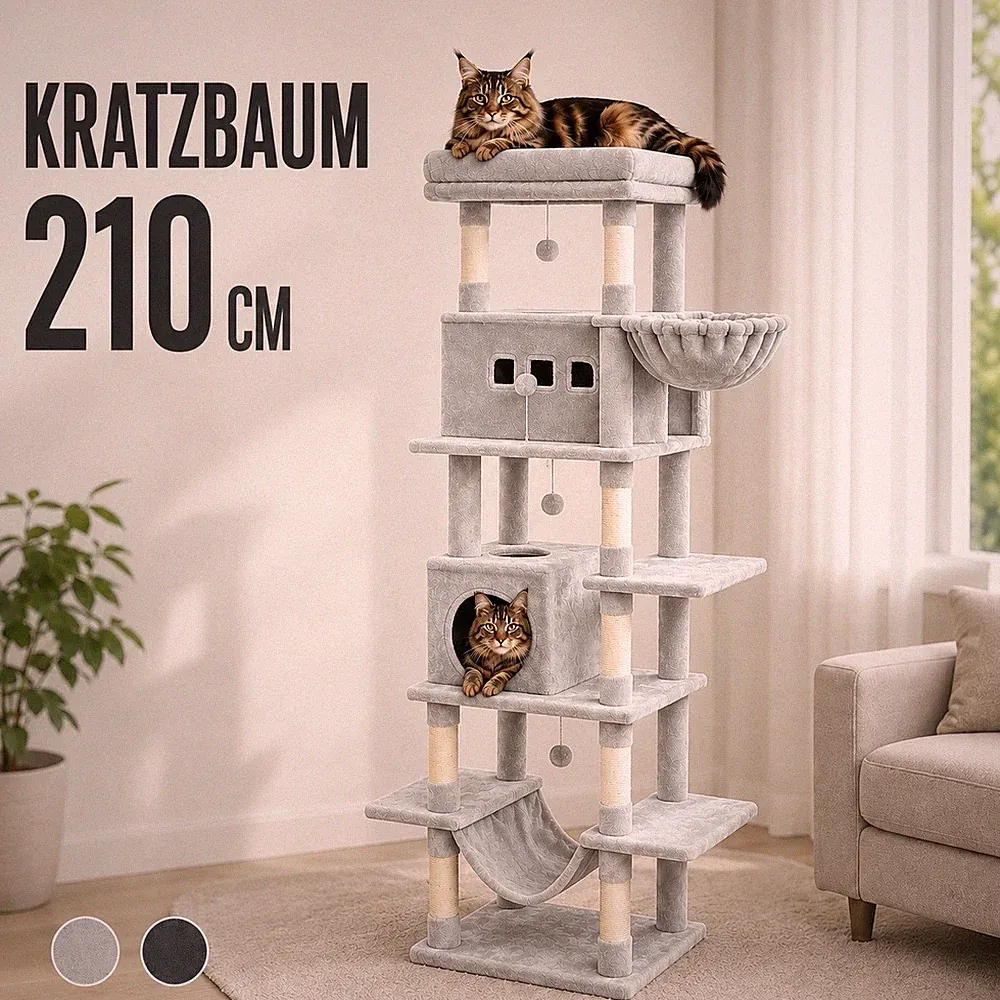 🐈‍⬛ XXL Kratzbaum 210cm Katzenbaum für große Katzen mit 2 Höhlen Hellgrau