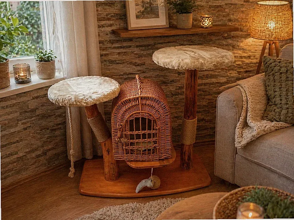 XXL Kratzbaum, Katzenbaum mit abnehmbare Katzen-Korb, Naturholz, Echtholz.