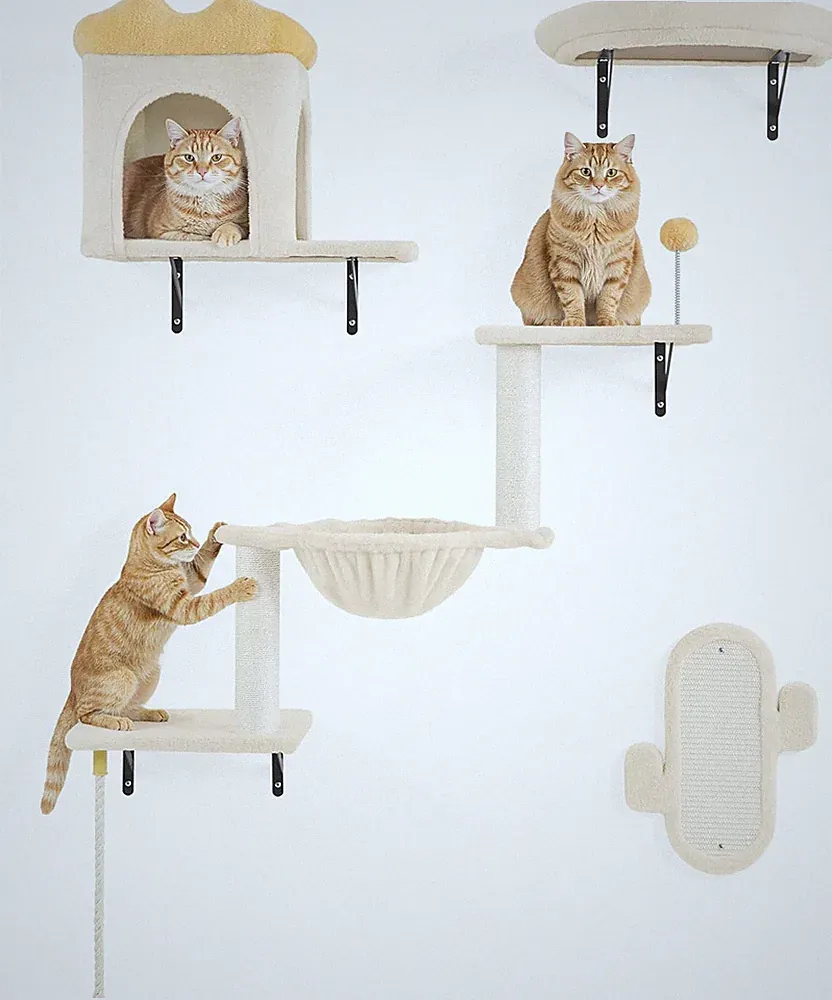 Yaheetech Kletterwand Katzen Wandelemente Mit Katzenhaus & Korb Beige | Kletterw